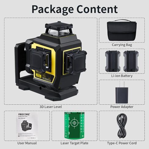 Firecore Laser Level 3 X 360 Self Leveling، أداة ليزر لمحاذاة الخطوط المتقاطعة للشعاع الأخضر مع 3 إعدادات سطوع، تصنيف IP54، بطاريتان قابلتان لإعادة الشحن ودعامة مدمجة (F95T-XG) in Kuwait