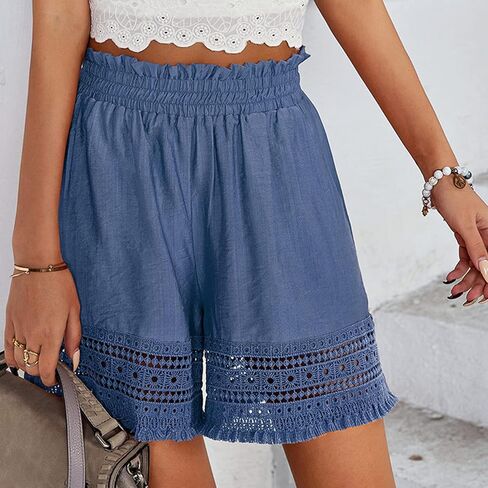Womens Summer Shorts Elastic Waist Casual Shorts Pants with Pockets Lace Wide Leg Beach Shorts(S-Blue) in Saudi Arabia