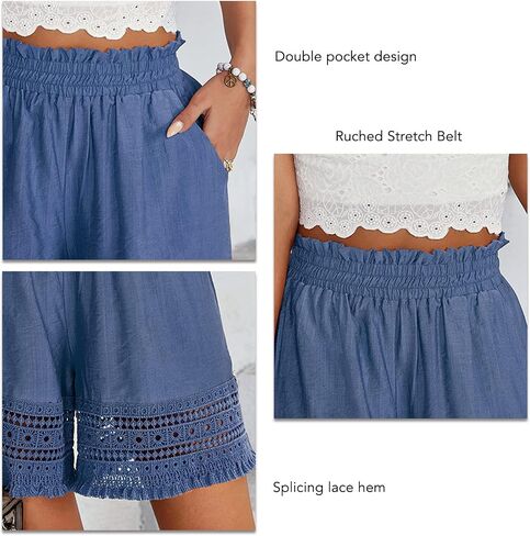 Womens Summer Shorts Elastic Waist Casual Shorts Pants with Pockets Lace Wide Leg Beach Shorts(S-Blue) in Saudi Arabia