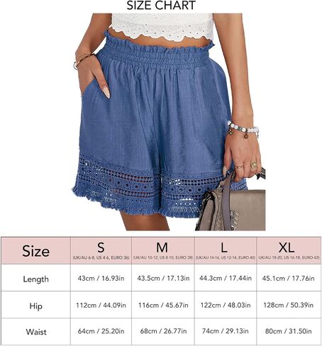 Womens Summer Shorts Elastic Waist Casual Shorts Pants with Pockets Lace Wide Leg Beach Shorts(S-Blue) in Saudi Arabia