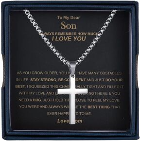 Cross Necklace for Son Men Boys Stainless Steel Cross Pendent Necklaces 24 Inch Stainless Steel Jewelry Box Chain Gift Encouragement Graduation Birthday Christmas Day Valentine's Day from Mom Dad with Gift Box