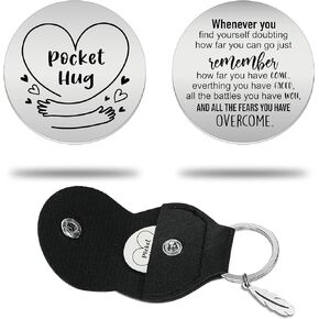 Inspirational Stainless Steel Double Sided Pocket Hug Token with PU Leather Keychain, Long Distance Relationship Keepsake for Friends Daughter Son Birthday Christmas Gift