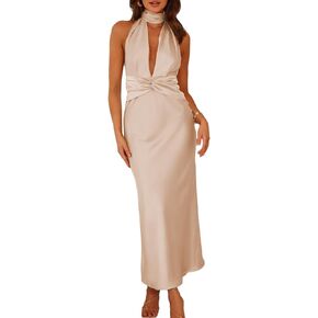 Summer Sexy Satin Backless Halter Maxi Dress for Women Elegant Sleeveless v Neck Twist Wedding Guest Dresses Cocktail
