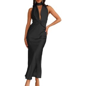 Summer Sexy Satin Backless Halter Maxi Dress for Women Elegant Sleeveless v Neck Twist Wedding Guest Dresses Cocktail
