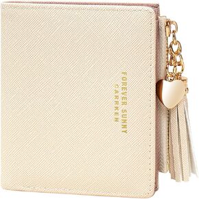 KOTORA Womens Small Wallet Girls Tiny Slim Wallets Pretty Mini Card Holder Thin Short Zip Coin Purse with Love Pendant and Tassels (Beige)
