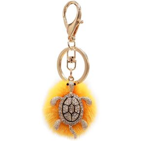 surell Sparkly Turtle Keychain with Mink Fur Pom - Bedazzled Ocean Bag Charm - Fashion Sea Animal Key Chain with Pompom