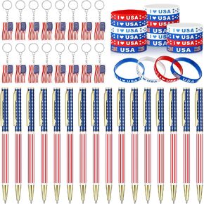 48 Pcs 4th of July Gifts American Flag Ballpoint Pens Patriotic Silicone Bracelets USA Flag Keychains for Home School Office Independence Day Memorial Veterans Day Party Favors Supplies