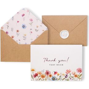 Floral Thank You Cards with Kraft Envelopes and Wax Seal Stickers,Bulk Pack of 24,Vintage Flower Greeting Cards,For Birthday,Wedding,Bridal Showers,Baby Showers,Small Business,4x6 Inch