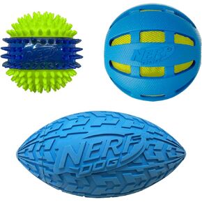 Nerf Dog Three Toy Gift Set: Crunch Ball, Spike LED Squeak Ball, and Squeak Football Gift Set