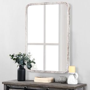 JJUUYOU Rectangular Mirror for Wall Wood Mirror Rustic White Wall Mirror Decorative Wood Framed Mirror Bedroom Bathroom Rectangle Hanging Mirror Wall Decor