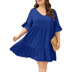 Zongqiven Women's Plus Size Dress V Neck Ruffle Sleeve Summer Swing Flowy Dress