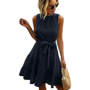 Waist Tie Solid Color Casual Mini Dress Summer Sleeveless Mid Dress