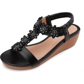 Wedge Sandals for Women Dress Elastic Ankle Strap Rhinestone Sandals Summer Comfortable Shoe
