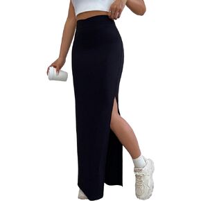 تنورة MakeMeChic النسائية المرنة ذات الخصر العالي والمقسمة على الفخذين، تنورة طويلة طويلة كاجوال