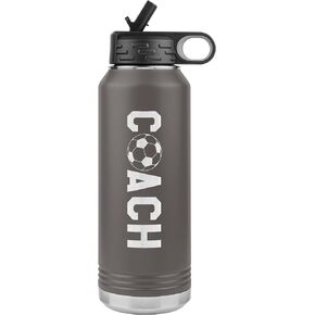 Soccer Coach Water Bottle - 32oz Insulated Engraved Stainless Steel Flip Top With Straw Soccer Coach Gift Black