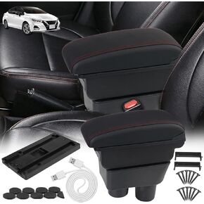 BHB Consoles Armrest Box Compatible with Nissan Almera Versa 2016-2019 Center Console Box Armrest Box USB Charge Black with Red Stitching