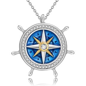 Compass Necklace 925 Sterling Silver Compass with Rudder Pendant Compass Zirconia Pendant Jewelry For Women Girls Gifts