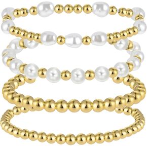 4 Pcs Pearl Gold Bracelet Stack Gold Plated Dainty Gold Pearl Bracelet Stackable Stretch Bead Ball Bracelet Set Bohemian Gold Beaded Bracelets Jewelry Gifts for Women Teen Girls