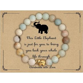 8mm Round Natural Stone CZ Gold Micro Pave Diamond Elephant Bracelet Yoga Balancing Reiki Healing Jewelry, 7.5"