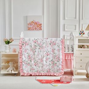 3 Pieces Crib Bedding Set Baby Ruffle Quilted Comforter with Fitted Sheet and Bed Skirt - Cute Ruffled Shabby Chic Baby Bedding Soft Blanket DesignOrange Flowers