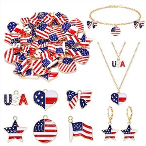 NVENF 40PCS American Flag Charms for Jewelry Making Enamel Patriotic Heart Star Charms 4th of July Pendants for DIY Crafts Necklace Bracelet Earrings Making Kit