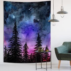 Mountain Yellow Sunset Forest Tapestry, Blue Watercolor Fir Tree Landscape Wall Hanging Nature Scenery Long Tapestry Aesthetic Vertical for Bedroom Living Room Backdrop Wall Art Decoration 28×40 inch