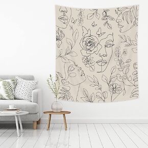 SVBright Simple Woman Flower with Colorful Butterfly White Tapestry for Bedroom 30Wx40H Inch Art Line Aesthetic Abstract Modern Minimalist Abstract Wall Fabric Hanging for Living Room Poster Decor