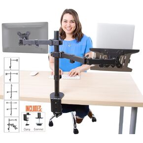 Stand Steady Monitor Mount + Laptop Stand | Height Adjustable Monitor and Keyboard Stand with Full Articulation and Desk Clamp Or Grommet | VESA Mount 13-32 inches (Arm + Laptop Clamp)