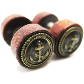 Organic Wood w/Metal Anchor Emblem Stud Post Earrings - New - Pair!