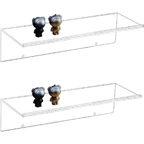 CY craft Clear Floating Shelves Display Ledge,2 PCS Decorative Wall Storage Shelves with Detachable Towel Hooks,Damage Free Adhesive Acrylic Wall Mounted Shelves for Bathroom,Kitchen,Bedroom or Office