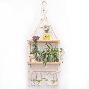 Wall Hanging Shelves Macrame Boho Floating Plant Photos Storage Rack Wood Shelf with Hooks for Bedroom Living Room Bathroom (3tier Shelves)