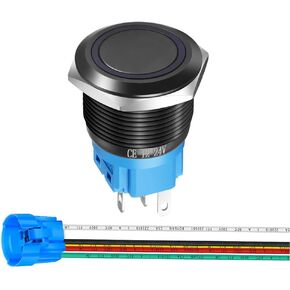 19mm 12V-24V LED 1NO1NC SPDT Stainless Steel Momentary Push Button ON Off Waterproof Button with Wire Socket Plug (Blue LED&Black Shell)