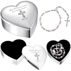 QUELAY 2 Pcs Heart Jewelry Keepsake Box and Pink Baby Rosary Baptism Gift, Silver Toned Jewelry Box with Engraved Cross Baby Baptism Gift for Girls Baptism, First Communion, Christening in Kuwait