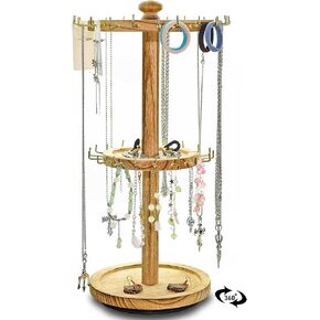Wooden Rotating Jewelry Display Stand Tower with 40 hooks for Shows, Jewelry Organizer for Necklace and Bracelet, Necklace and Bracelet Holder, KeyChain Earring Display Stands for Selling (vintage)