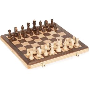 15 Inch Travel Wooden Folding Chess Set w/ 3 Inch Kh Chess Pieces- Walnut & Maple Inlay Board Games