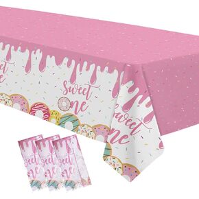 Donut Sweet One Birthday Party Tablecloth Decorations, Disposable Donut 1st Birthday Party Supplies Table Cover, Pink Donut First Birthday Table Decorations Table Cloth - 3 Pack (54in x 108in)