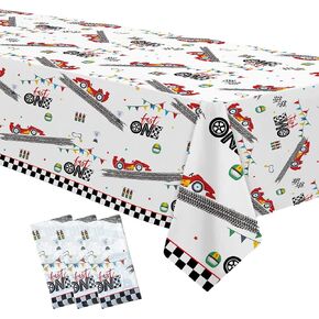 Xigejob Race Car Fast One Birthday Tablecloth Decorations - Disposable Race Car 1st Birthday Party Table Cover, Race Car One Year Old Birthday Party Decorations Table Cloth - 3 Pack (54in x 108in)