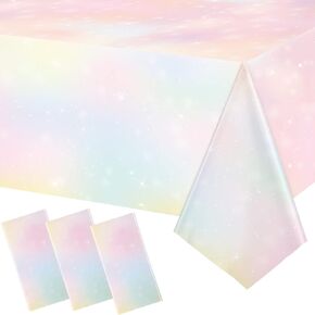Riakrum Pastel Rainbow Tablecloths Pastel Party Decorations Disposable Rainbow Tablecloth Waterproof Plastic Table Cover Pastel Party Supply for Birthday Wedding Bridal Shower 108 x 54 Inch (12 Pcs)