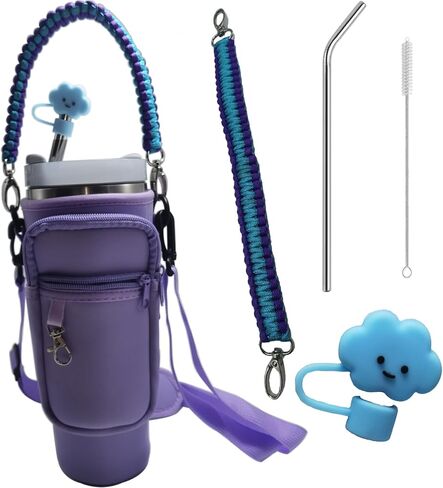 Fits Stanley 40 OZ Water Bottle Bag，Dual storage pocket design，with Key Fob, Adjustable Shoulder Strap, Cloud Straw Cover and Stainless Steel Straw,Hand-woven handle cord(Purple) in Saudi Arabia