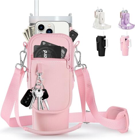 Water Bottle Carrier with Strap for Stanley Cup Accessories 40oz - Tumbler Water Bottle Holder Bag for Walking with Phone Pocket in Saudi Arabia