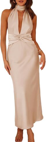 Summer Sexy Satin Backless Halter Maxi Dress for Women Elegant Sleeveless v Neck Twist Wedding Guest Dresses Cocktail in Kuwait