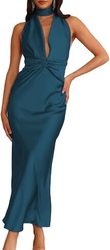Summer Sexy Satin Backless Halter Maxi Dress for Women Elegant Sleeveless v Neck Twist Wedding Guest Dresses Cocktail in Kuwait