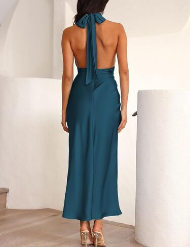 Summer Sexy Satin Backless Halter Maxi Dress for Women Elegant Sleeveless v Neck Twist Wedding Guest Dresses Cocktail in Kuwait