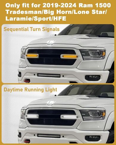 ضوء شبكة LED لـ 2023 2024 دودج رام 1500 المصد الأمامي أضواء الشواية شريط إشارات الانعطاف DRL المتتابعة رام 1500 2019-2022 الملحقات، قطعتان in Kuwait