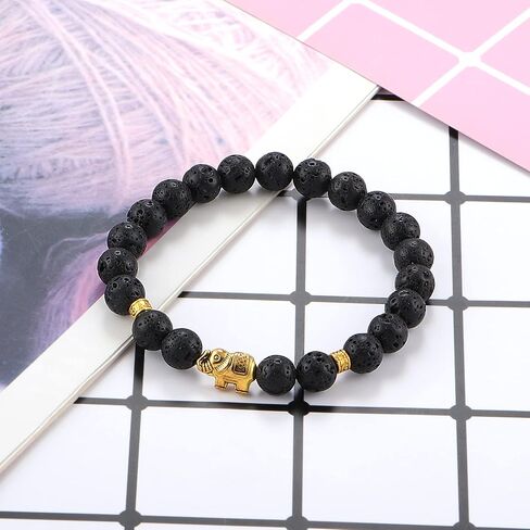 8mm Round Natural Stone CZ Gold Micro Pave Diamond Elephant Bracelet Yoga Balancing Reiki Healing Jewelry, 7.5" in Saudi Arabia