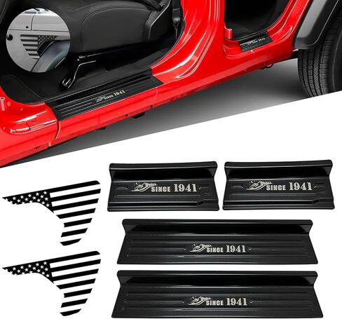 واقي دخول من الفولاذ المقاوم للصدأ لعام 2018-2022 2023 Wrangler JL JLU واقي عتبة الباب واقي حافة الباب مع ملصق العلم الأمريكي، أسود in Kuwait
