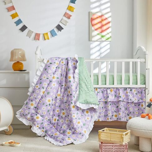 3 Pieces Crib Bedding Set Baby Ruffle Quilted Comforter with Fitted Sheet and Bed Skirt - Cute Ruffled Shabby Chic Baby Bedding Soft Blanket DesignOrange Flowers in Saudi Arabia