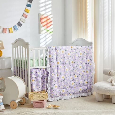 3 Pieces Crib Bedding Set Baby Ruffle Quilted Comforter with Fitted Sheet and Bed Skirt - Cute Ruffled Shabby Chic Baby Bedding Soft Blanket DesignOrange Flowers in Saudi Arabia
