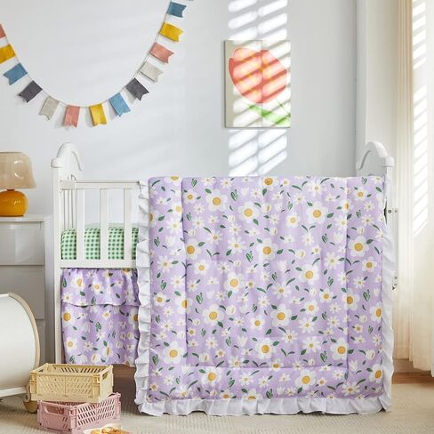 3 Pieces Crib Bedding Set Baby Ruffle Quilted Comforter with Fitted Sheet and Bed Skirt - Cute Ruffled Shabby Chic Baby Bedding Soft Blanket DesignOrange Flowers in Saudi Arabia