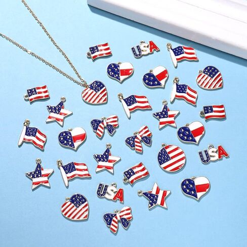 NVENF 40PCS American Flag Charms for Jewelry Making Enamel Patriotic Heart Star Charms 4th of July Pendants for DIY Crafts Necklace Bracelet Earrings Making Kit in Saudi Arabia
